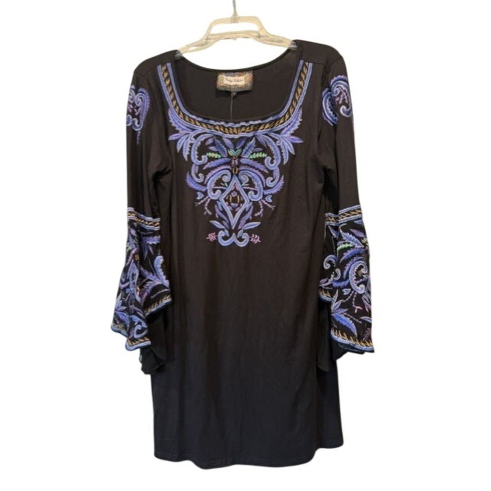 Vintage Collection Black Embroidered Bell Sleeve Tunic Top Small Lavender Blue